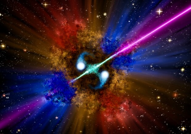 Rappresentazione artistica del lampo di raggi gamma  211211A. Al centro le due stelle di neutroni che, fondendosi, hanno generato l'emissione (fonte: Samuele Ronchini/GSSI 2022) (ANSA)