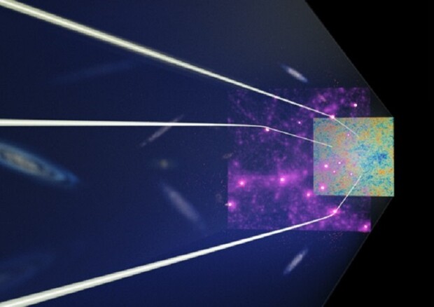 La radiazione cosmica di fondo distorta dalla materia oscura 12 miliardi di anni fa (fonte: Reiko Matsushita) © Ansa