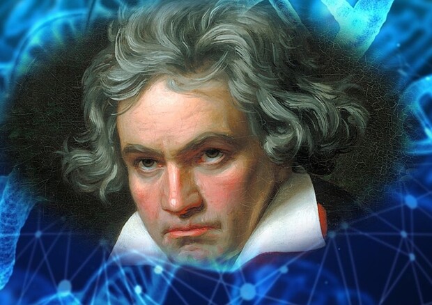 Ottenuta la mappa del Dna di Ludwig van Beethoven (fonte: Il Dna sullo sfondo: Pixabay, il ritratto di Beethoven: WikiCommons) © Ansa