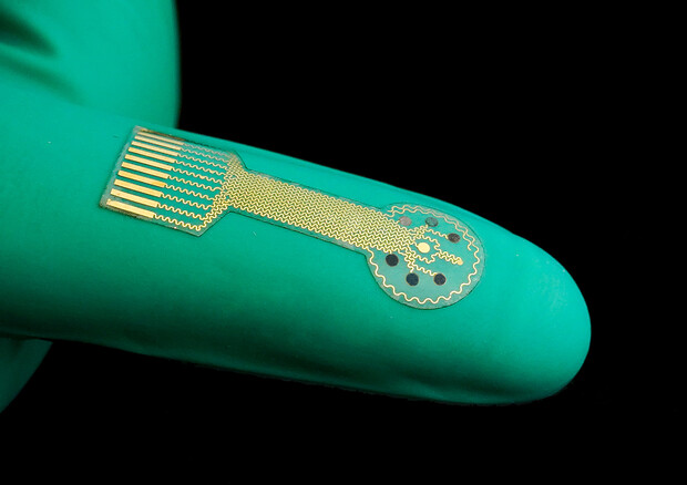 Il nuovo cerotto smart sta sulla punta di un dito (fonte: Caltech) © Ansa