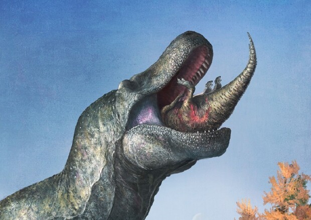 Un T-rex con le labbra divora un giovane edmontosauro (fonte: Mark P. Witton) © Ansa