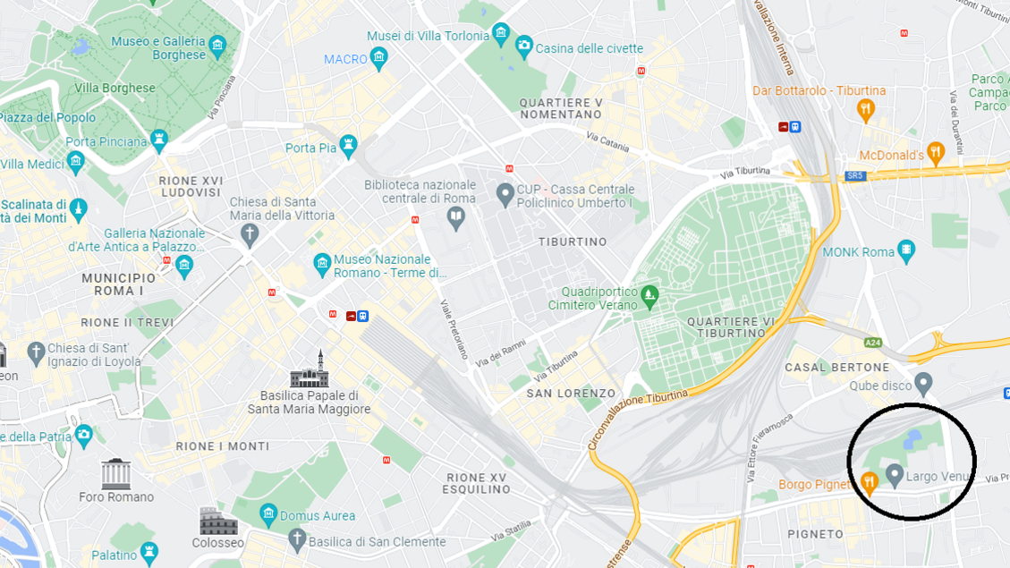 Una mappa da Google di Roma, dove è evidenziato il Lago Bullicante ex Snia
