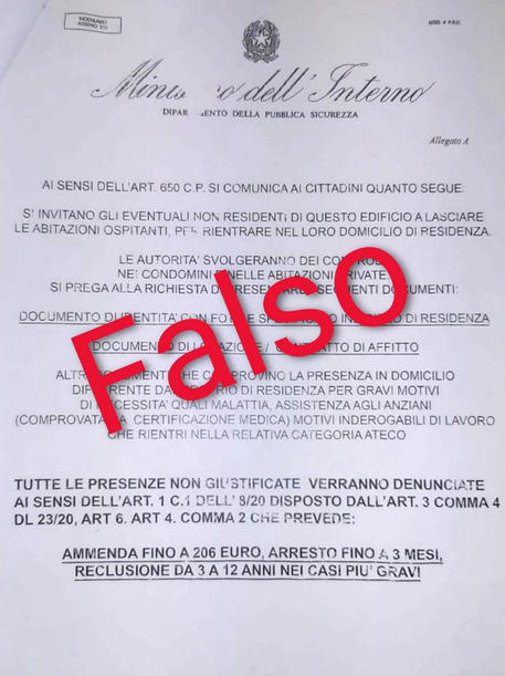 Un falso volantino attribuito al Ministero dell'Interno sulla questione Coronavirus stato diffuso da sconosciuti in numerose città italiane © ANSA