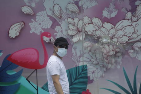Coronavirus, un uomo con la mascherina passa davanti a un murales © EPA