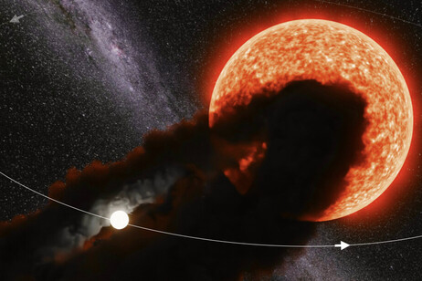 Rappresentazione artistica della stella Gaia17bpp, parzialmente eclissata dalle polveri che circondano una sua compagna più piccola (fonte: Anastasios Tzanidakis)