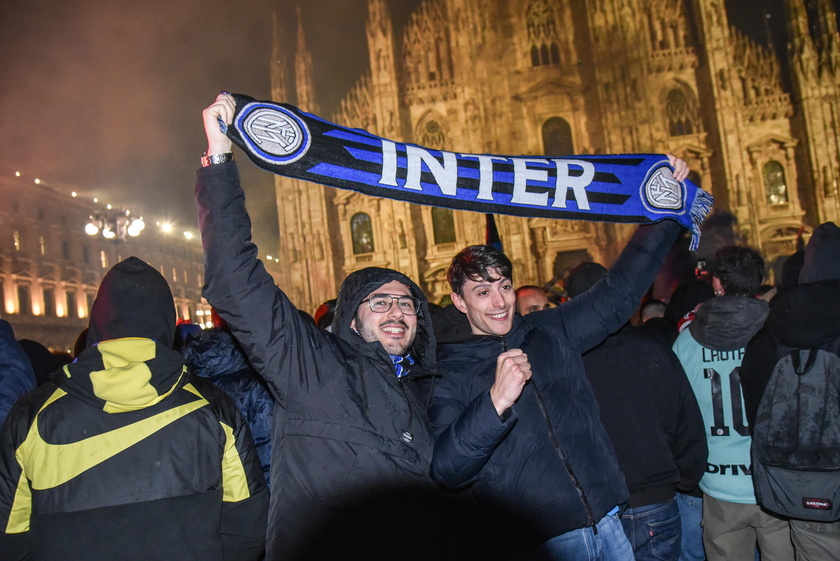 Supporters of Inter Milan celebrate winning the Serie A title