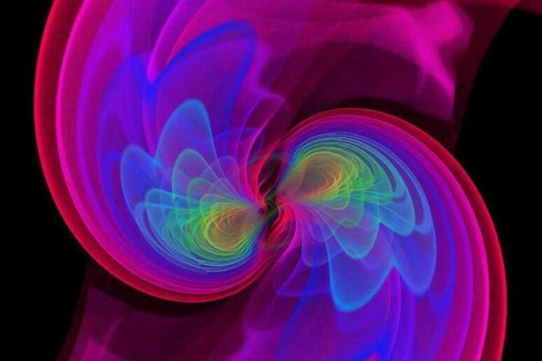 Due buchi neri che emettono onde gravitazionali, osservate da rilevatori terrestri (fonte: S. Ossokine, A. Buonanno (Max Planck Institute for Gravitational Physics) / Scientific visualization: W. Benger (Airborne Mapping Hydro GmbH) - RIPRODUZIONE RISERVATA