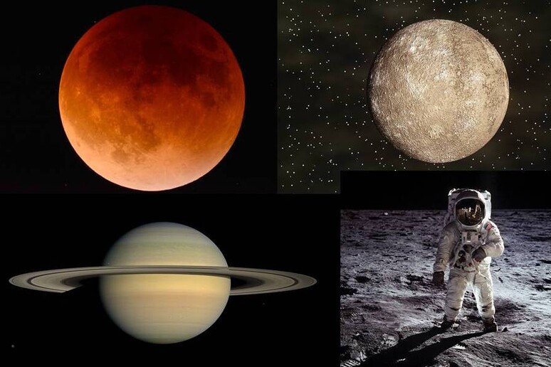 Da sinistra in alto: la Superluna rossa, Mercurio e Saturno (fonte Pixabay). Il primo uomo sulla Luna (fonte: NASA) - RIPRODUZIONE RISERVATA