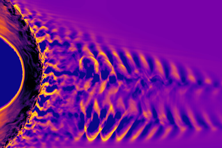 Simulazione delle onde generate dall 'impatto delle particelle solari sul campo magnetico terrestre (fonte: Università di Helsinky, ESA) - RIPRODUZIONE RISERVATA