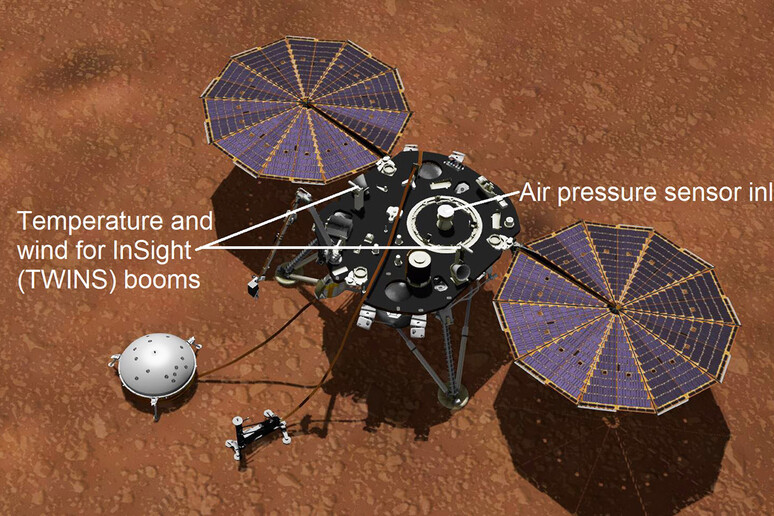 Rappresentazione grafica del lander Insight. Sono indicati i suoi sensori che lo rendono la stazione meteo più precisa di Marte (fonte: NASA/JPL-Caltech) - RIPRODUZIONE RISERVATA