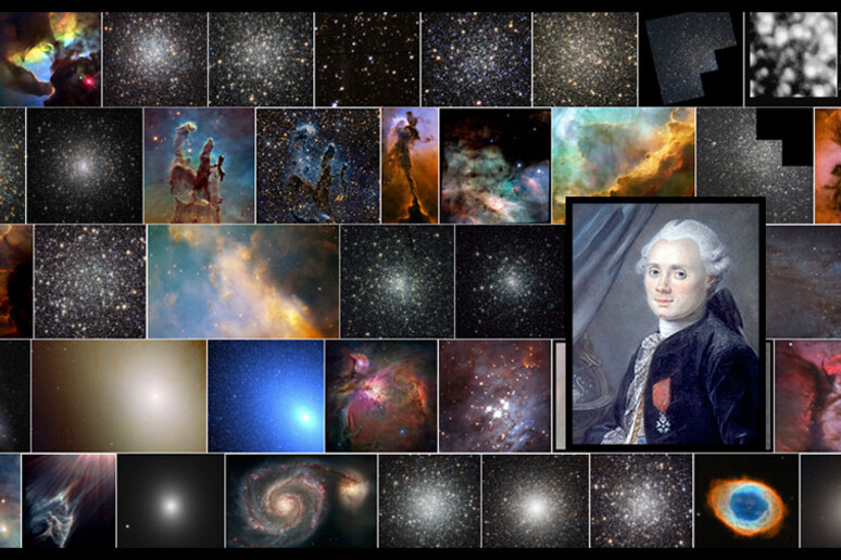 Una carrellata degli oggetti celesti contenuti nel catalogo pubblicato nel 1774 dal Charles Messier (nel riquadro) visti dal telescopio spaziale Hubble (fonte: NASA/Hubble Team) - RIPRODUZIONE RISERVATA