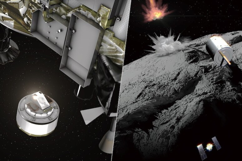 Rappresentazione artistica del bombardamento dell’asteroide Ryugu (fonte: JAXA) - RIPRODUZIONE RISERVATA