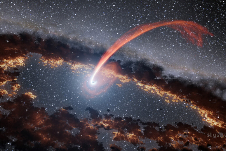 Rappresentazione artistica del materiale di una stella divorato da un buco nero supermassiccio (fonte: NASA/JPL-Caltech) - RIPRODUZIONE RISERVATA