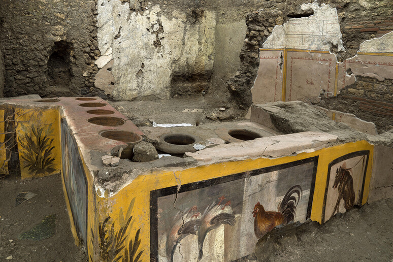 Il bancone ad elle del termopolio con i fianchi dipinti. Foto Parco Pompei, Luigi Spina - RIPRODUZIONE RISERVATA