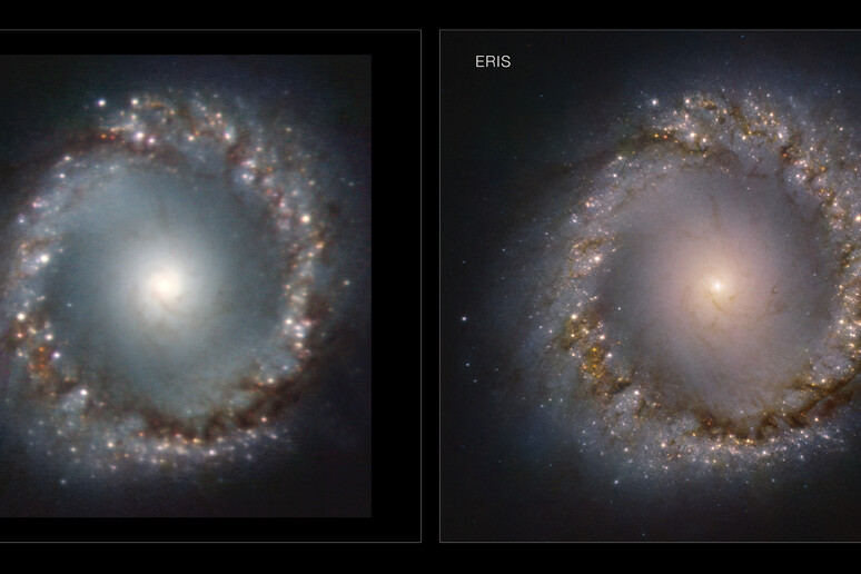 A confronto l 'immagine ottenuta da Eris (sulla destra) con quella ottenuta con gli strumenti precedenti (a sinistra) (Fonte: Martin Kornmesser/ESO) - RIPRODUZIONE RISERVATA