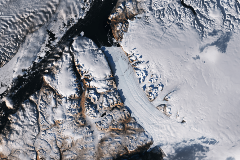 Il ghiacciaio Petermann, nella Groenlandia Nord-occidentale, fotografato dal Copernicus Sentinel-2 il 16 settembre 2022 (fonte: ESA) - RIPRODUZIONE RISERVATA