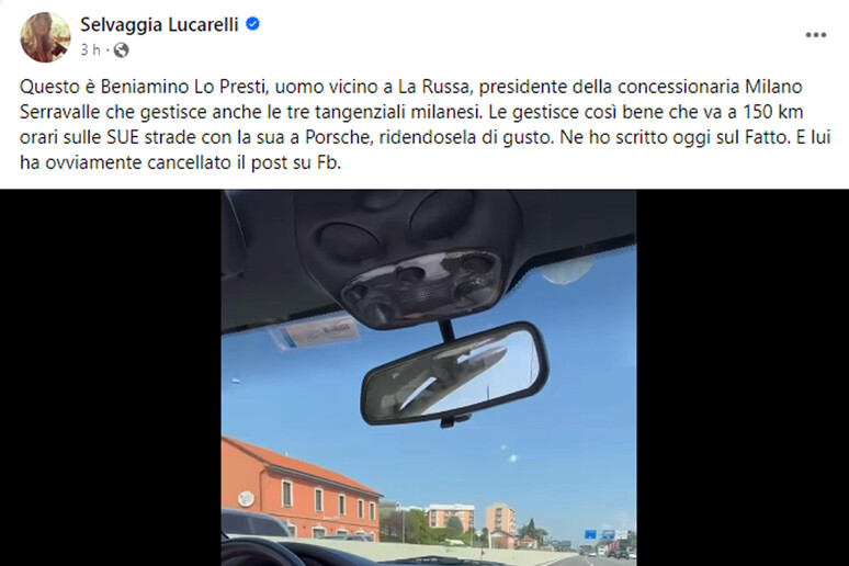Presidente Milano Serravalle a 150 km/h,  'momento d 'entusiasmo ' - RIPRODUZIONE RISERVATA