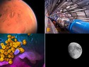 Da sinistra in alto: Marte (Pixabay), l'acceleratore Lhc (Maximilien Brice (CERN) da Wikipedia). Da sinistra in basso: Particelle di virus SarsCoV2 (Niaid), Luna (cc0.photo) (ANSA)