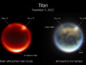 Le immagini di Titano riprese dallo strumento NIRCam il 4 novembre (fonte: NASA, ESA, CSA, A. Pagan STScI - Webb Titan GTO Team) (ANSA)