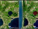 Il lago Averno fotografato dal satellite Sentinel 2 il primo marzo e il 5 aprile (fonte: European Union, Copernicus Sentinel-2 imagery) (ANSA)