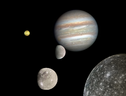 Giove con alcune delle sue numerose lune (fonte: CactiStaccingCrane da Wikipedia) (ANSA)