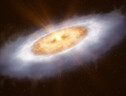 Rappresentazione artistica del disco di acqua che circonda la stella nascente V883 Orionis. Nella zona esterna l'acqua è ghiacciata, mentre nel getto che parte dalla stella è in forma di vapore (fonte: ESO/L. Calçada) (ANSA)