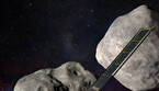 Rappresentazione artistica della sonda Dart con il minisatellite LiciaCube e gli asteroidi Dimorphos e Didymos (fonte: NASA) (ANSA)