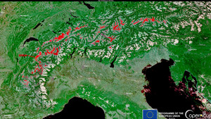 La neve ai minimi sulle Alpi, nell'immagine del satellite europeo Sentinal 3 (fonte European Union, Copernicus Sentinel-3 imagery) (ANSA)