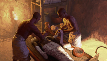 Rappresentazione artistica di imbalsamatori dell'antico Egitto al lavoro (fonte: Nikola Nevenov) (ANSA)