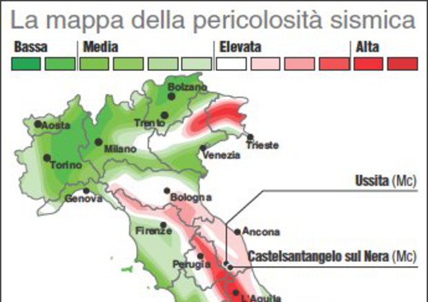 La mappa del rischio sismico in Italia compilata dal Servizio Sismico Nazionale (fonte: INGV) © Ansa