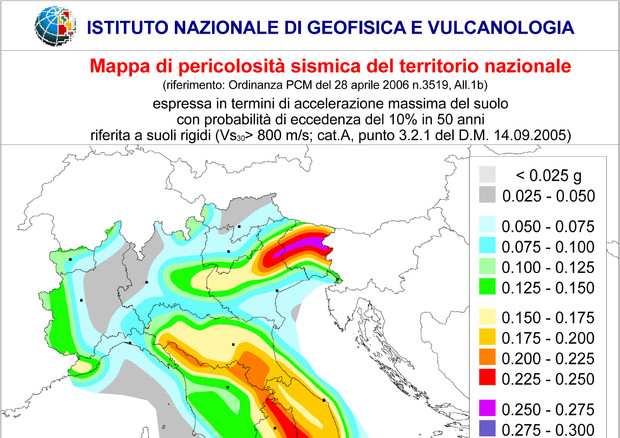 La mappa della pericolosità sismica (fonte: INGV) © Ansa