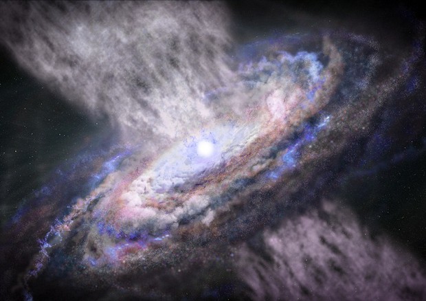 Rappresentazione artistica dei poderosi venti emessi da un buco nero supermassiccio (fonte: Stsci) © Ansa