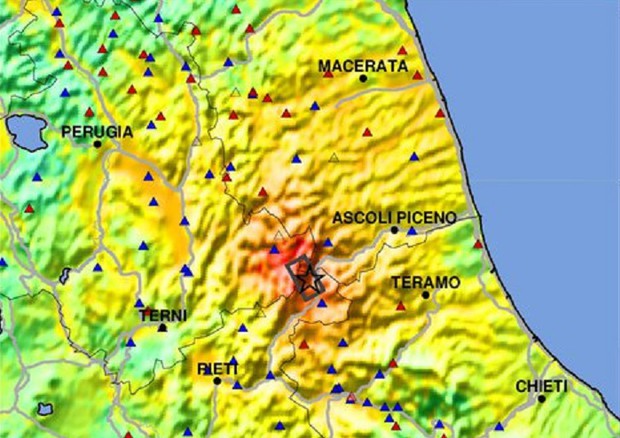 Mappa del terremoto del 24 agosto 2016, che ha dato inizio alla sequenza nell'Italia centrale (fonte: INGV) © Ansa