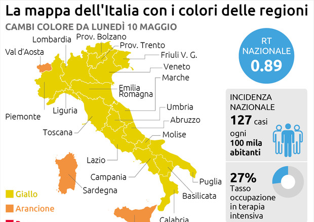 La mappa dell'Italia con i colori delle Regioni © Ansa