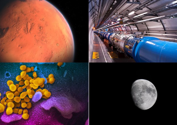 Da sinistra in alto: Marte (Pixabay), l'acceleratore Lhc (Maximilien Brice (CERN) da Wikipedia). Da sinistra in basso: Particelle di virus SarsCoV2 (Niaid), Luna (cc0.photo) © Ansa