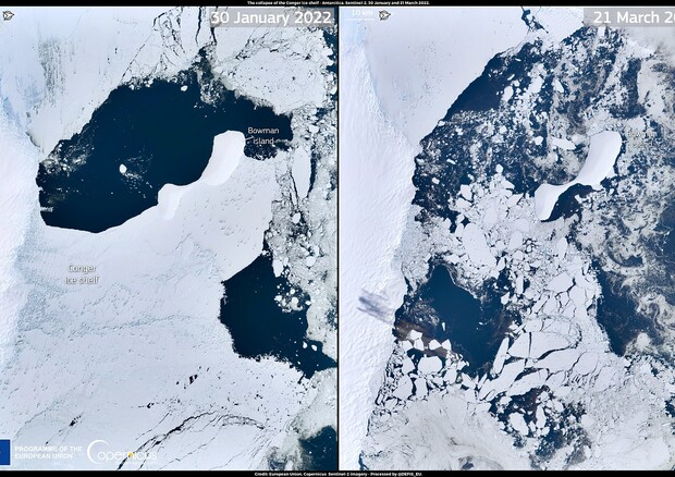 Il collasso della piattaforma di ghiaccio Conger nell’Antartide orientale (fonte: Ue, Copernicus Sentinel-2) (ANSA)