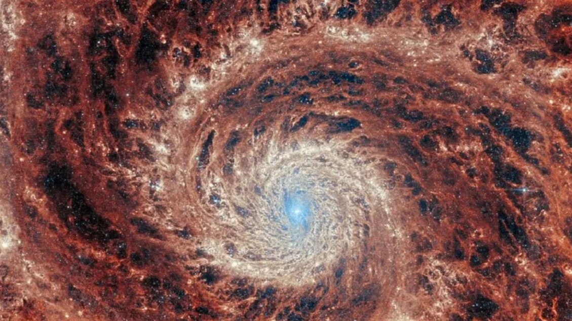 Sembra un vortice, la galassia M51 (NGC 5194) distante circa 27 milioni di anni luce, fotografata dal telescopio Webb (fonte: JWST) - RIPRODUZIONE RISERVATA