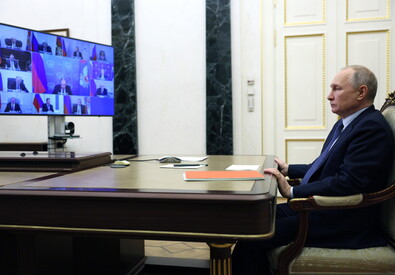Il presidente russo Vladimir Putin durante l'incontro in video per il Consiglio di Sicurezza (ANSA)