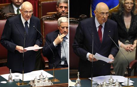 Nella combo Giorgio Napolitano, durante il suo discorso alla Camera il 15 maggio 2006, a sinistra, ed il 22 aprile 2013 © ANSA 