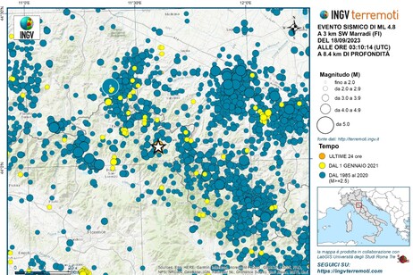 La stella indica l'epicentro del terremoto in Toscana del 18 settembre 2013 (fonte: INGV)