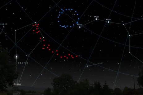 Rappresentazione di come apparirebbero il Grande Anello (in blu) e l'Arco Gigante (in rosso) in cielo (fonte: Stellarium, Uclan)