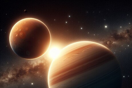 Rappresentazione grafica di Venere e Marte (fonte: immagine generata per ANSA Scienza dal sistema di IA Microsoft Bing - Image Creator)