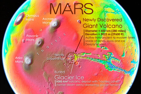 Mappa di Marte in falsi colori con la localizzazione del nuovo vulcano (fonte: NASA MGS, MOLA, note di Pascal Lee e Sourabh Shubham, 2024)