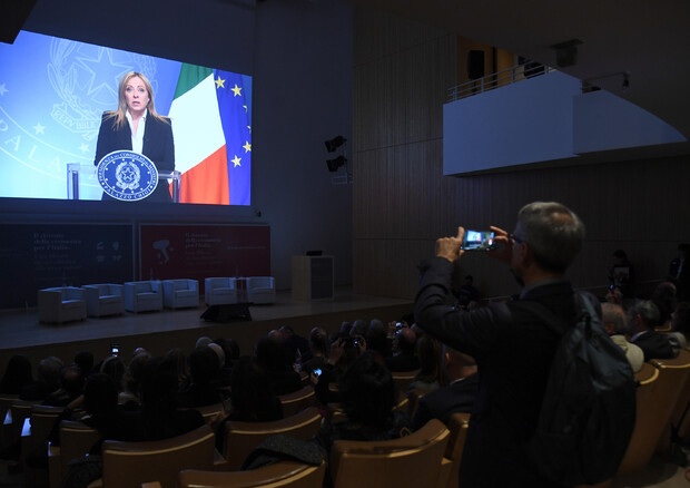La presidente del Consiglio Giorgia Meloni in un videomessaggio inviato all'assemblea di Cosmetica Italia © ANSA