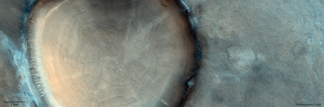 Ricorda i cerchi concentrici del tronco di un albero, il cratere marziano che si trova vicino alla  Acidalia Planitia, fotografato dal Trace Gas Orbiter (Tgo) il 13 giugno 2021 (fonte: ESA/Roscosmos/CaSSIS, CC BY-SA 3.0 IGO)