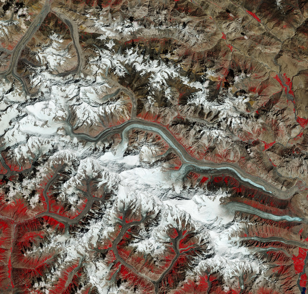 Il ghiacciaio Batura (Pakistan) è uno dei più esteri del mondo al di fuori delle zone polari (fonte: dati di Copernicus Sentinel (2021), processati dall'ESA, CC BY-SA 3.0 IGO)