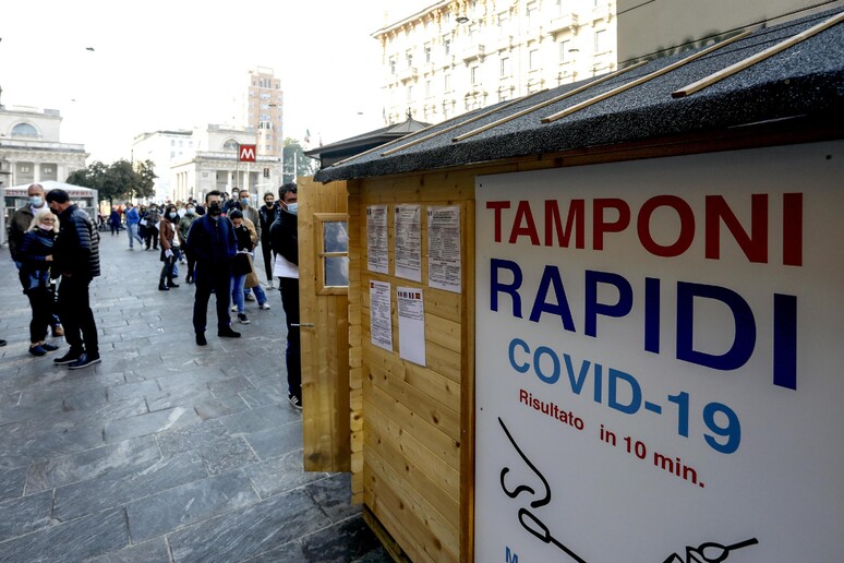 Diverse persone in coda per il test del tampone rapido covid 19 davanti a una farmacia in Porta  Venezia a Milano - RIPRODUZIONE RISERVATA