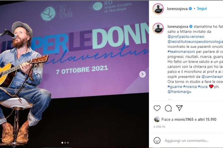 Post di Jovanotti sul suo profilo di Instagram - RIPRODUZIONE RISERVATA
