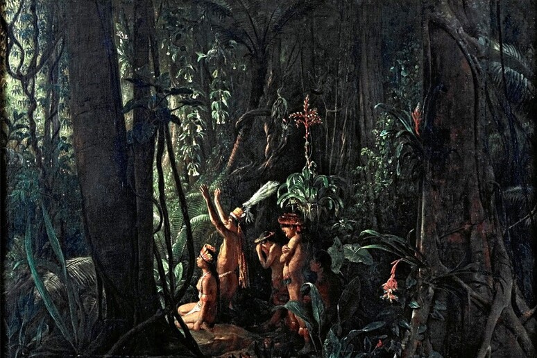 Gli indigeni dell’Amazzonia che adorano il dio Sole in un dipinto di Francois-Auguste Biard (fonte: Fondacao Estudar. Wikimedia) - RIPRODUZIONE RISERVATA