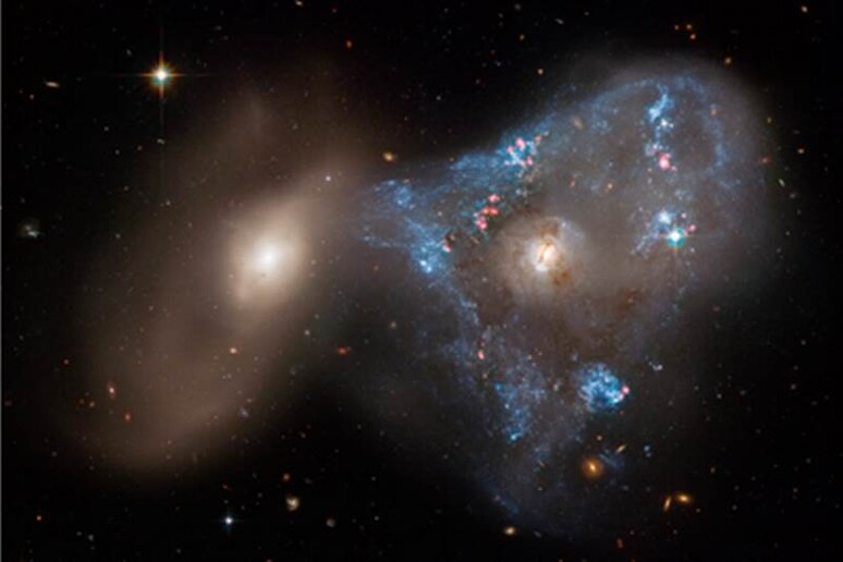 Un 'isolita formazione triangolare di giovani stelle generata dalla collisione della coppia di galassie Arp 143 (fonte: NASA, ESA, STScI, J. Dalcanton/CCA /Flatiron Inst. e Universit à di Washington.Joseph DePasquale/STScI) - RIPRODUZIONE RISERVATA